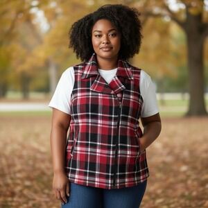 Chaps Red Black Tartan Plaid Zip Front Vest Sz 2X 100% Cotton Classic‎ Layering